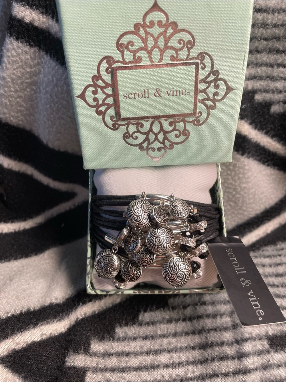 Brand New w/Tags Scroll & Vine Silver Charm Bracelet with Black Cord